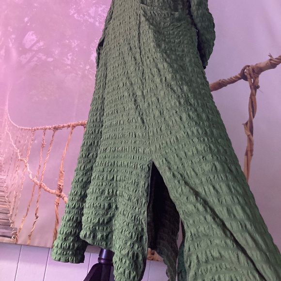 IC Collection Bubble Check Pucker Woven Mock Neck 3/4 Sleeve Dress HUNTER GREEN - Picture 3 of 9